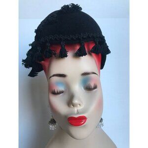 Vtg 1950's Henry Pollak, Inc. Glencove 100% Wool Black Woven Brick Brack Tassel